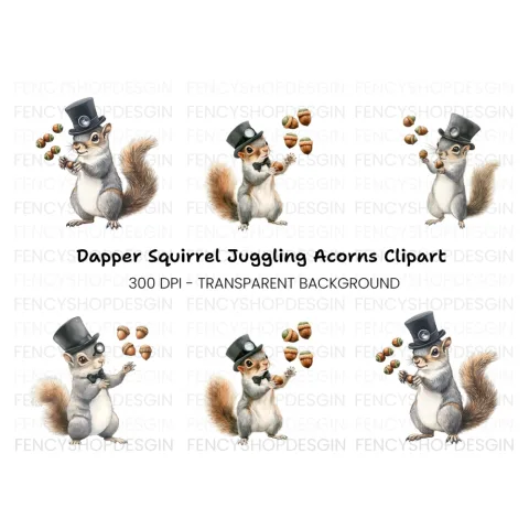 Squirrel with Top Hat and Acorns Clipart Bundle