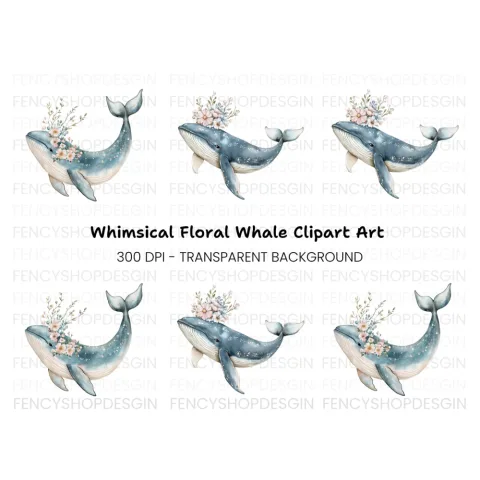 Floral Whales Clipart Bundle
