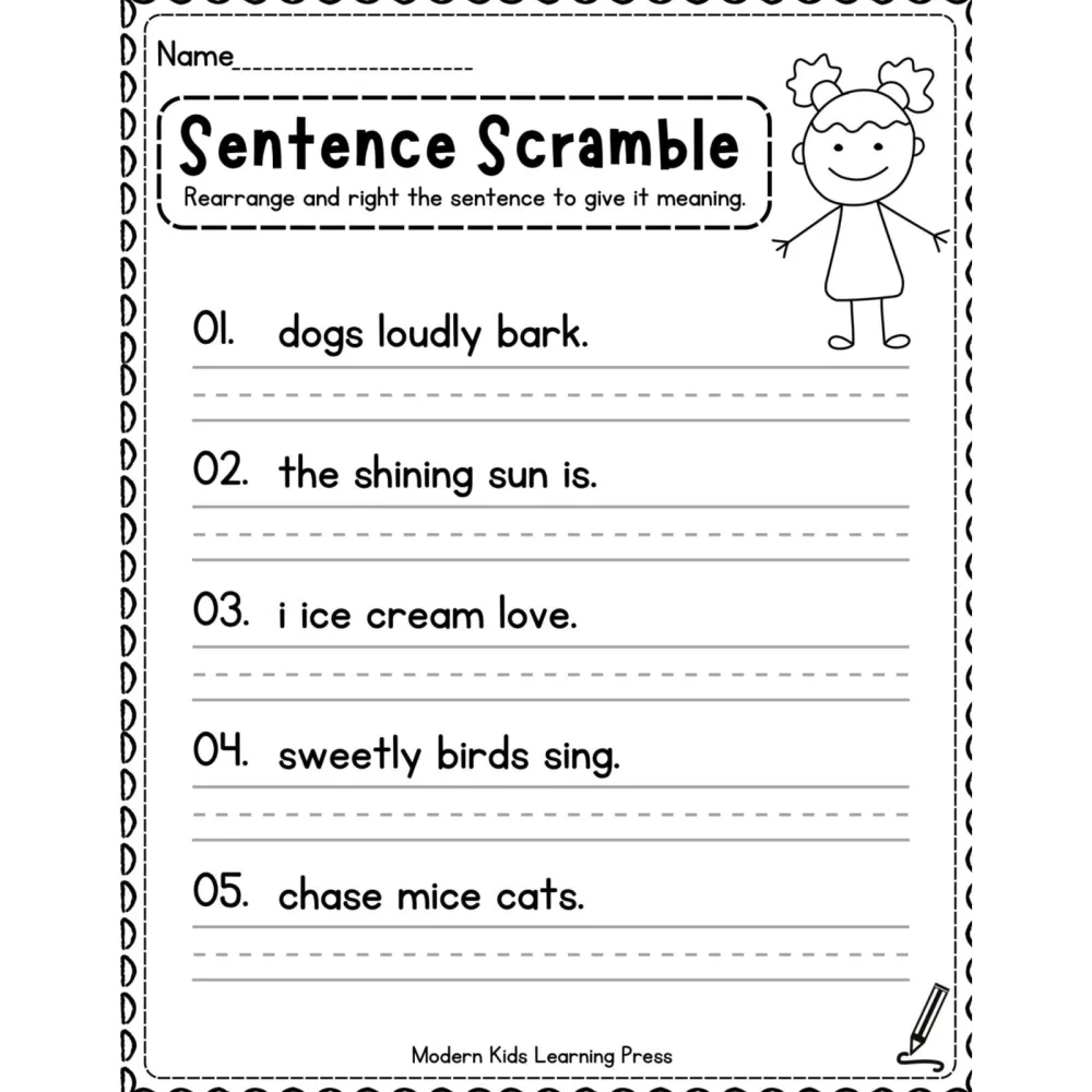 Kindergarten Sentence Scramble Worksheets