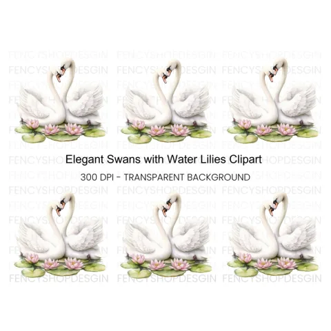 Romantic Swans with Water Lilies Clipart Bundle