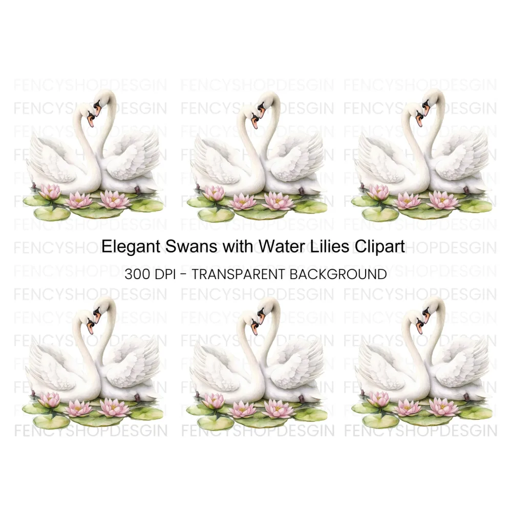 Romantic Swans with Water Lilies Clipart Bundle