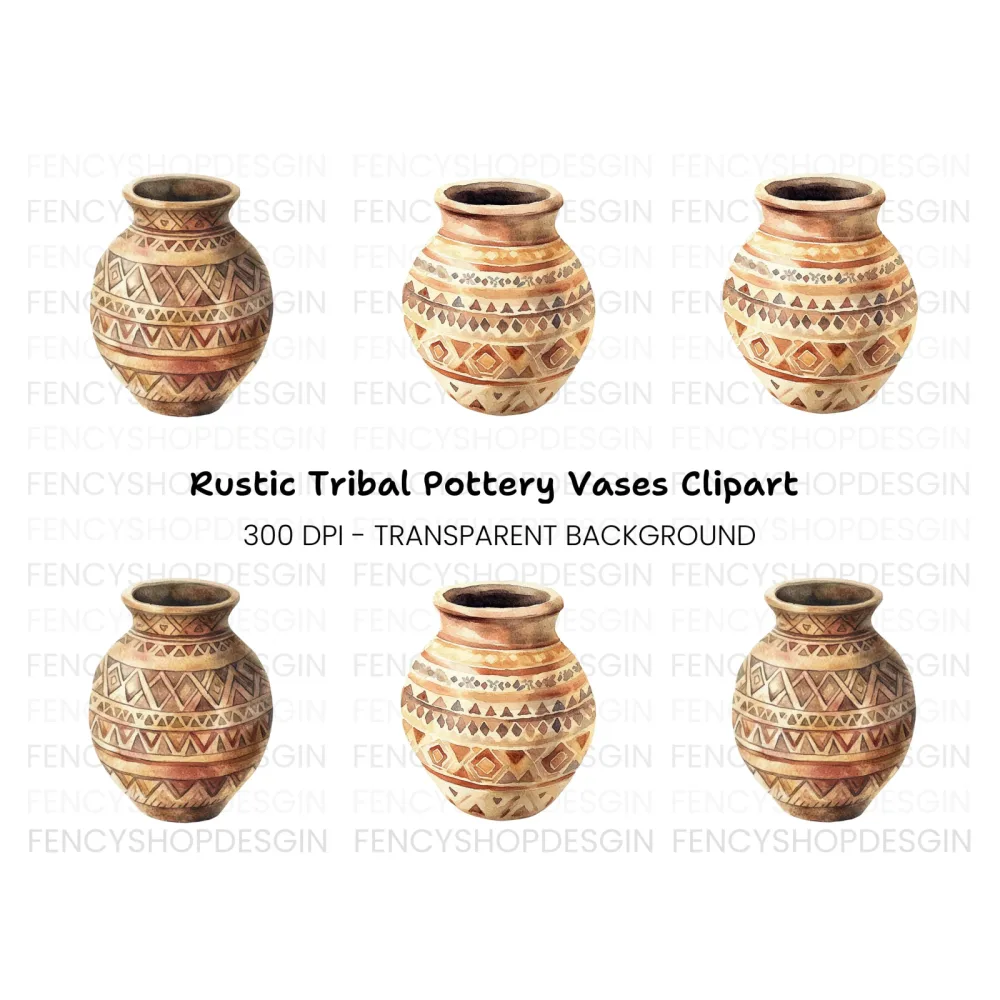 Hand Painted Tribal Clay Pots Clipart Bundle