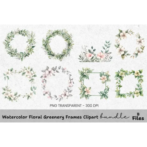 Floral Greenery Frames Clipart Bundle