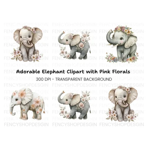 Cute Floral Elephant Clipart Bundle