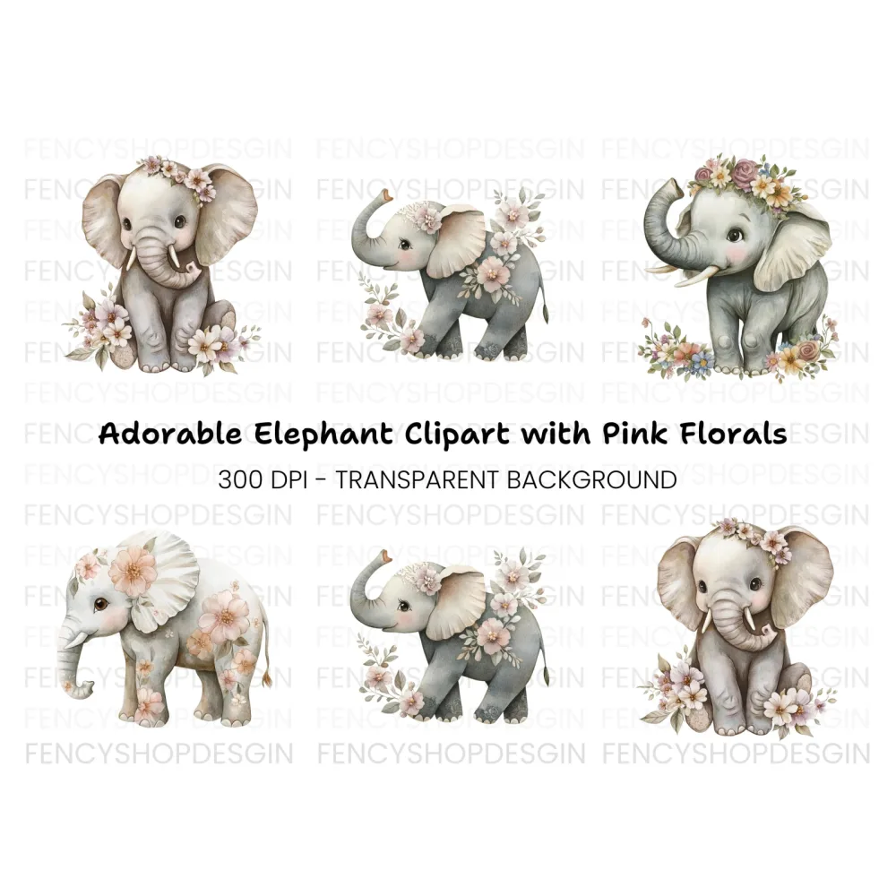 Cute Floral Elephant Clipart Bundle