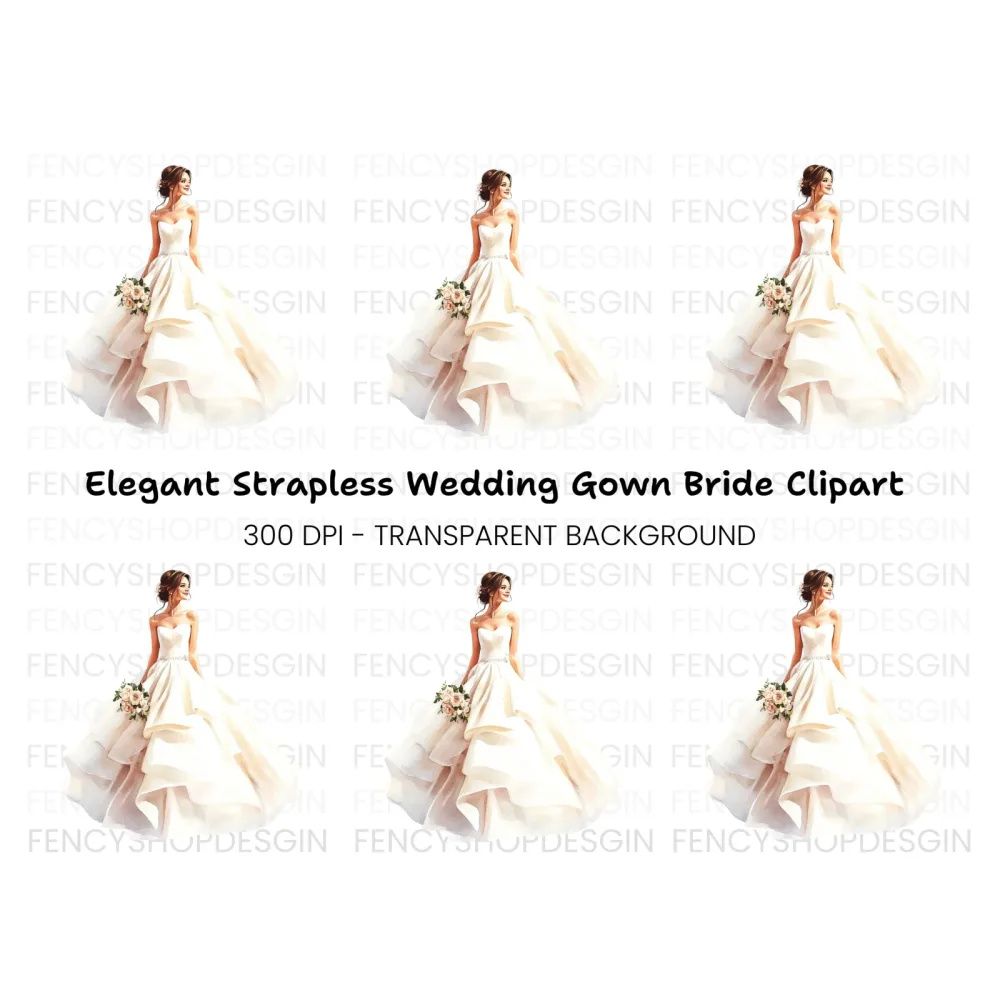 Elegant Bride in Strapless Gown Clipart Bundle