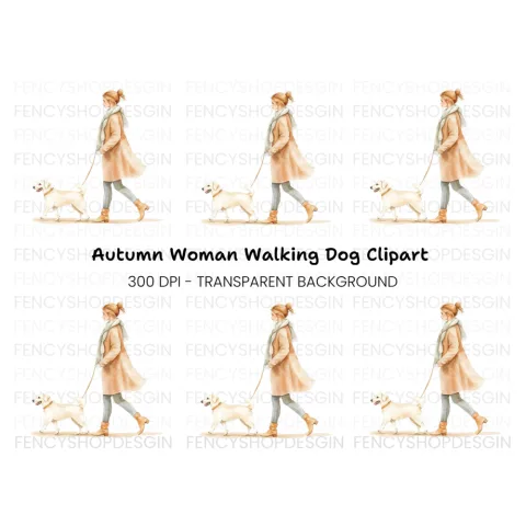 Dog Walking Woman Clipart Bundle
