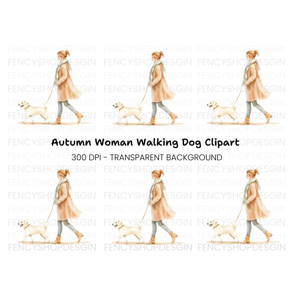 Dog Walking Woman Clipart Bundle