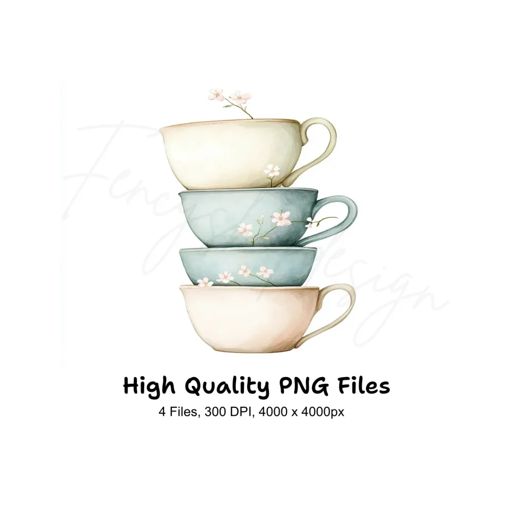 Stacked Pastel Teacups Clipart Bundle