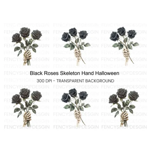 Skeleton Hand with Black Roses Clipart Bundle