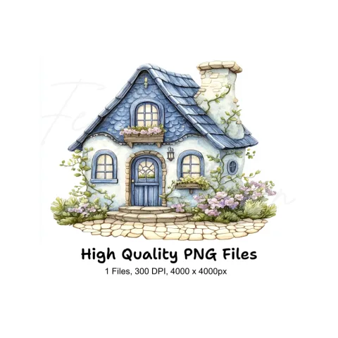 Charming Blue Roof Cottage Clipart Bundle