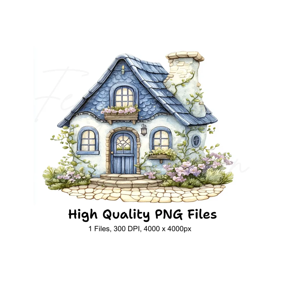 Charming Blue Roof Cottage Clipart Bundle