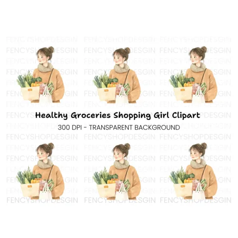 Girl With Groceries Clipart Bundle