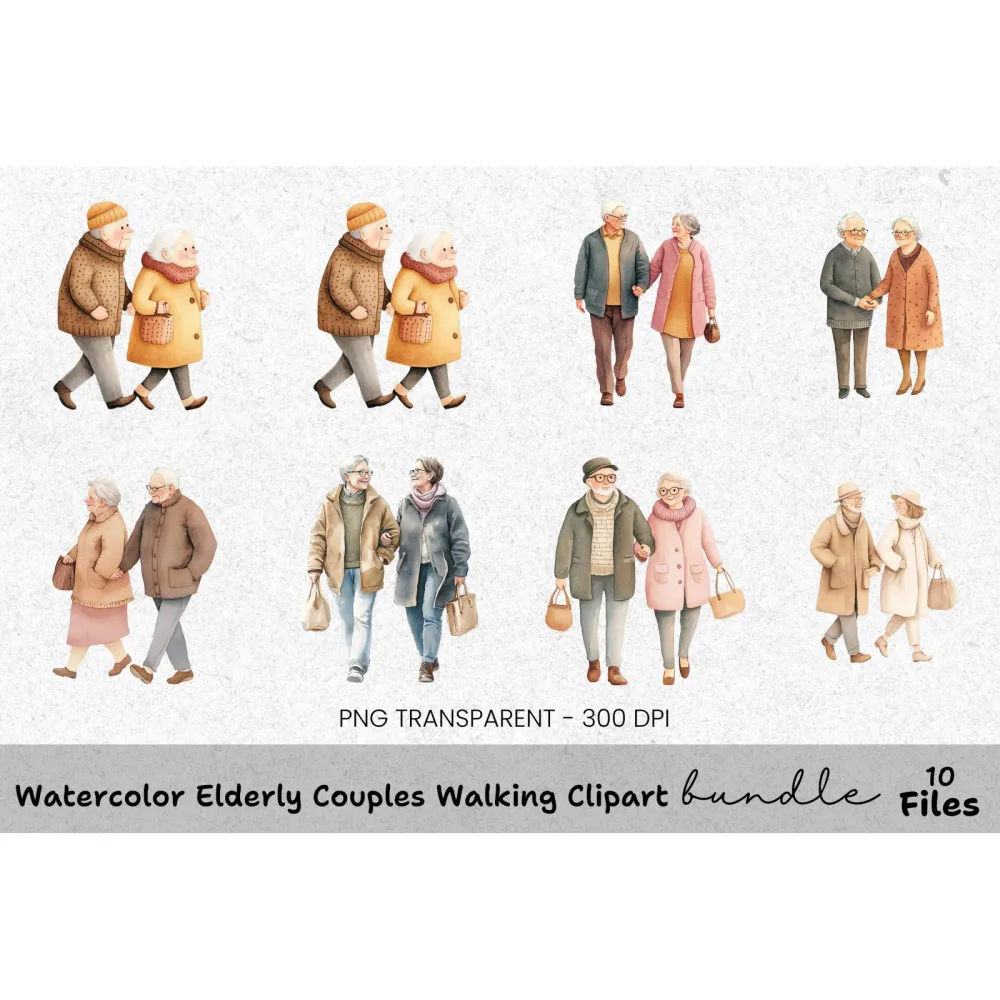 Elderly Couples Walking Clipart Bundle