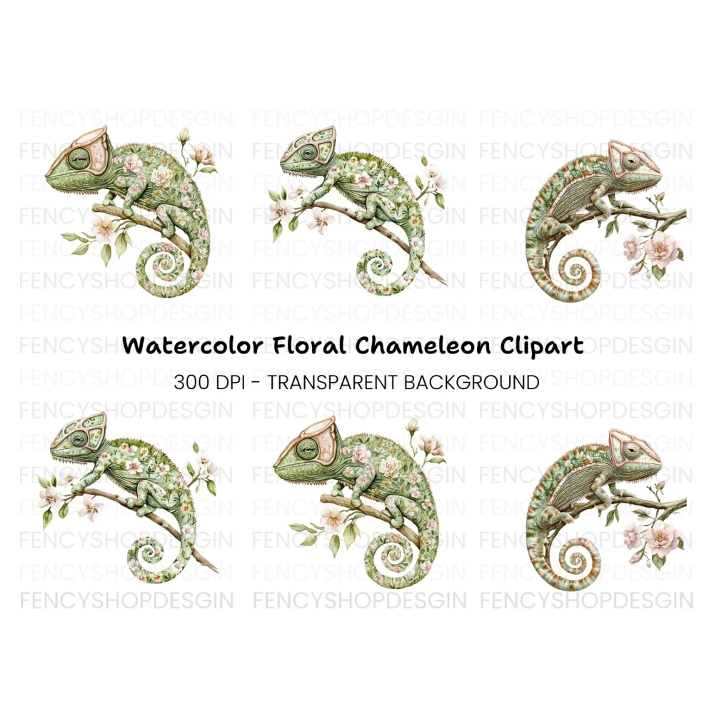 Floral Chameleon Trio Clipart Bundle