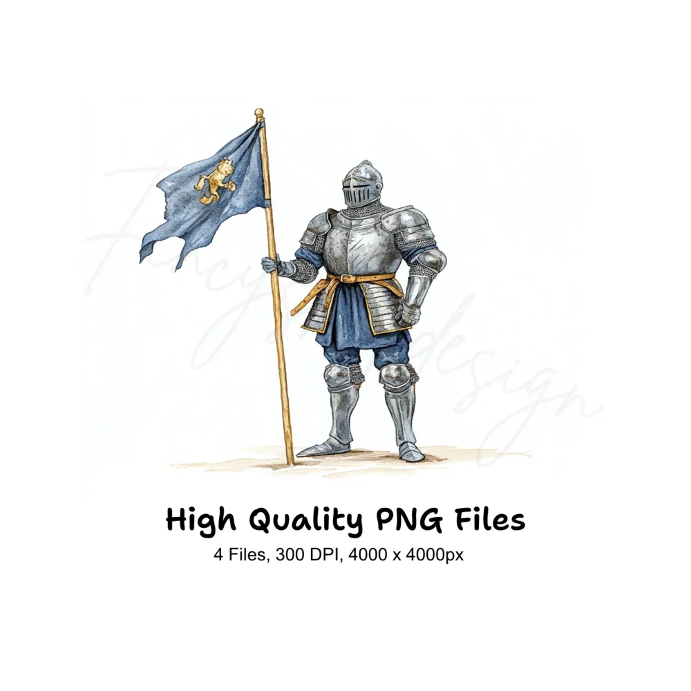 Medieval Knights with Blue Flags Clipart Bundle