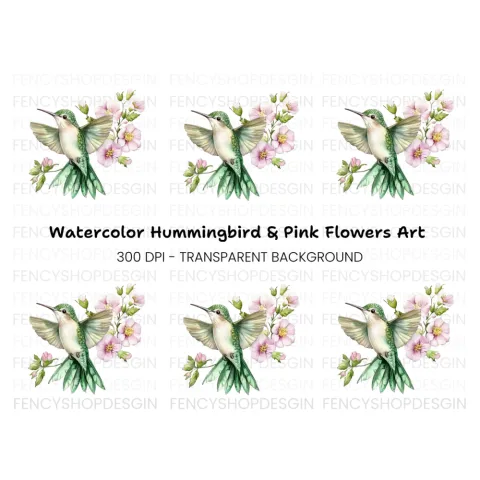 Hummingbird and Pink Flowers Clipart Bundle