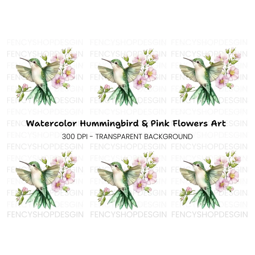 Hummingbird and Pink Flowers Clipart Bundle