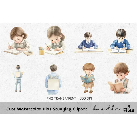 Cute Kids Studying Clipart Bundle