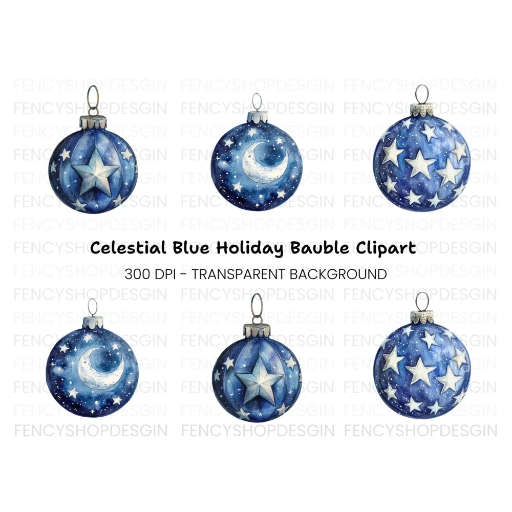 Blue Christmas Ornaments Clipart Bundle