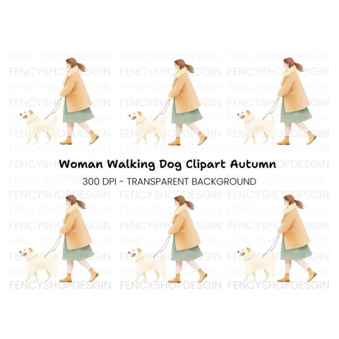 Woman Walking Dog Illustration Clipart Bundle