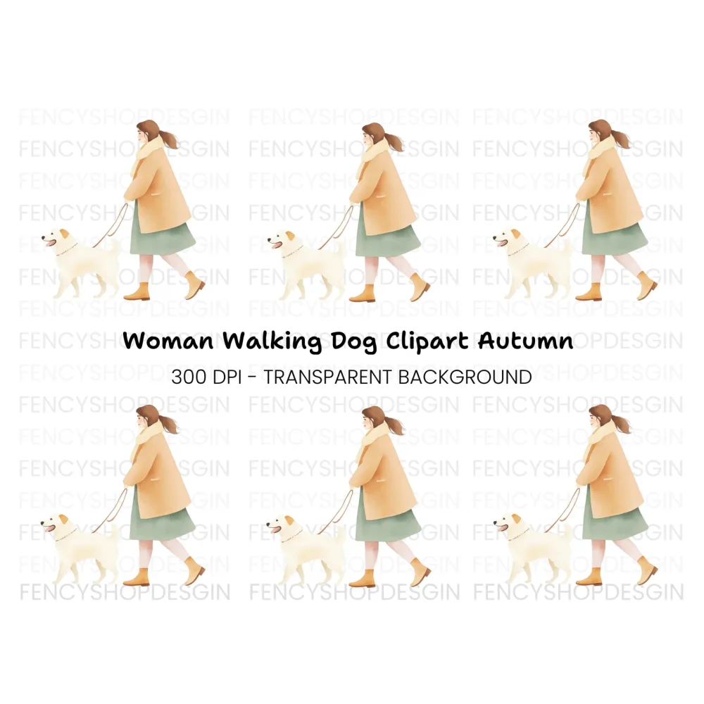 Woman Walking Dog Illustration Clipart Bundle