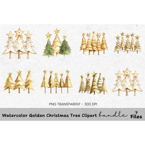 Golden Christmas Tree Clipart Bundle