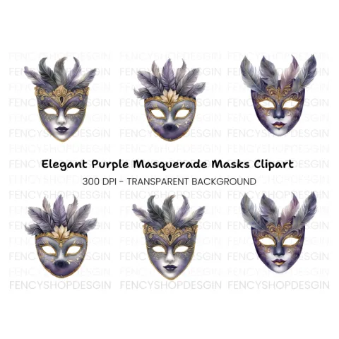 Ornate Purple Masquerade Masks Clipart Bundle