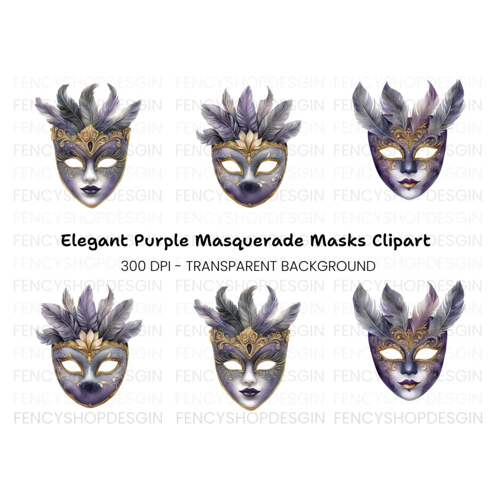 Ornate Purple Masquerade Masks Clipart Bundle