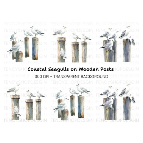 Seagulls on Pier Posts Clipart Bundle