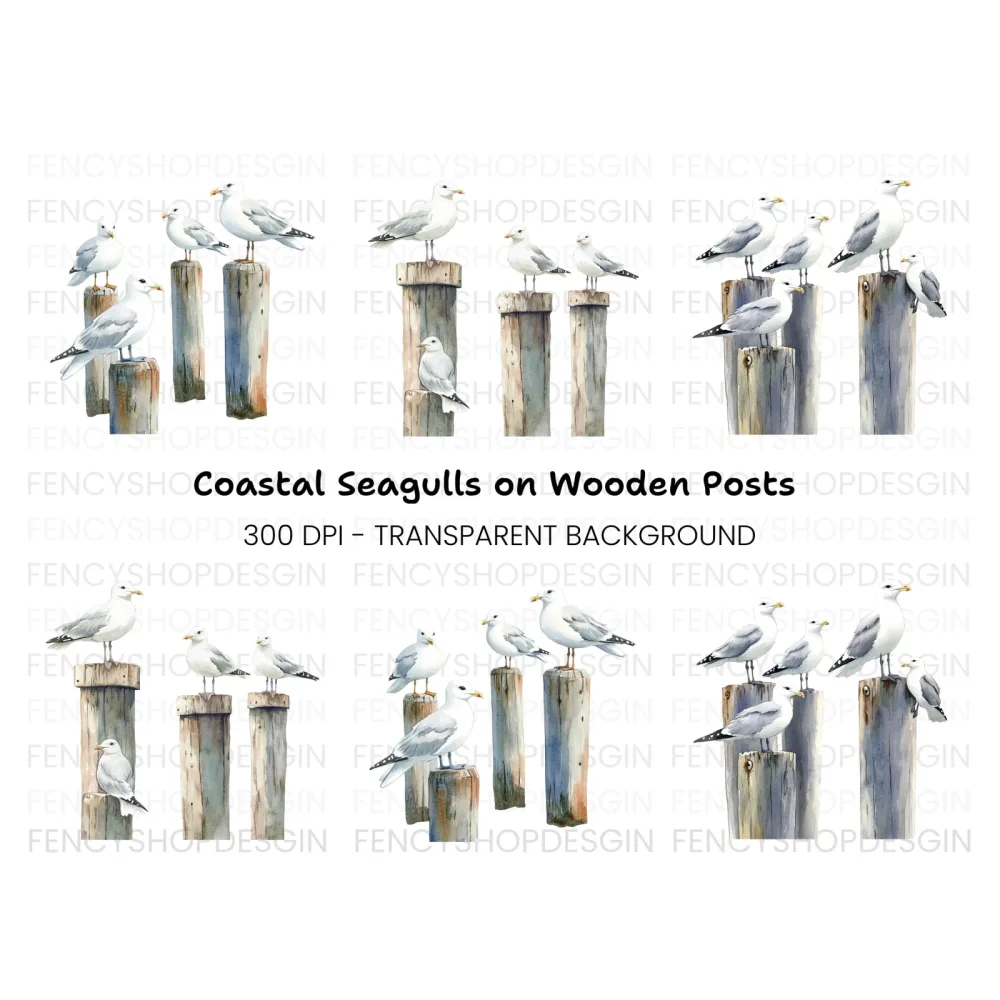 Seagulls on Pier Posts Clipart Bundle