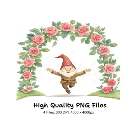 Joyful Gnomes with Rose Arches Clipart Bundle