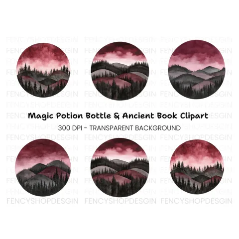 Dark Forest Mountain Landscape Clipart Bundle