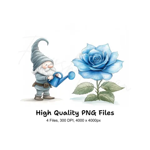 Gnome Watering Blue Rose Clipart Bundle