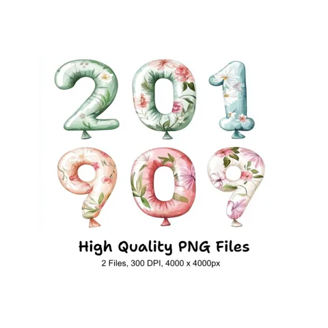 Floral Number Balloons Clipart Bundle