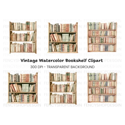 Vintage Bookshelf Clipart Bundle