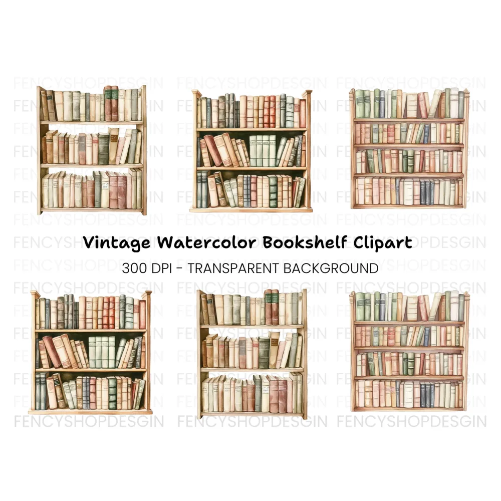 Vintage Bookshelf Clipart Bundle