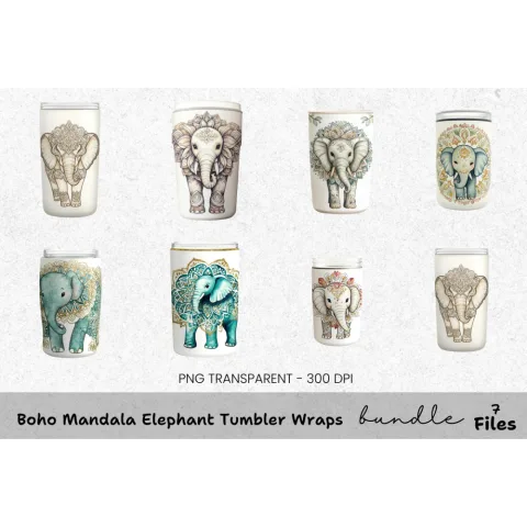 Boho Mandala Elephant Tumbler Clipart Bundle