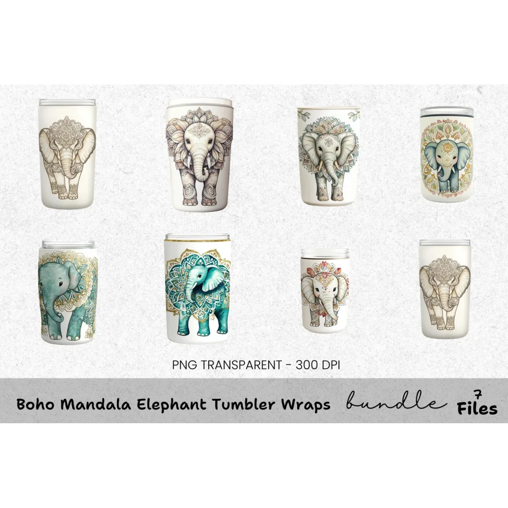 Boho Mandala Elephant Tumbler Clipart Bundle