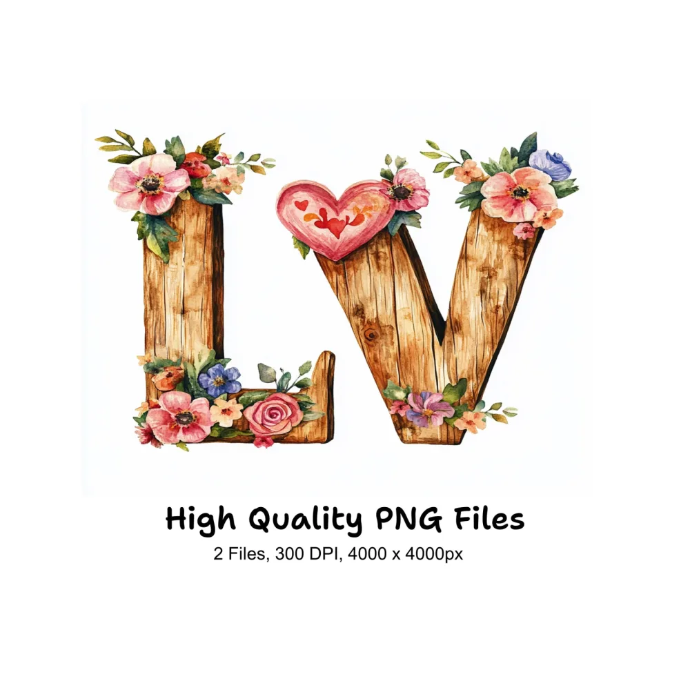 Floral Wooden Love Letters Clipart Bundle