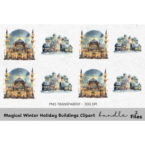 Winter Mosque and Snowy Village Clipart Bundle