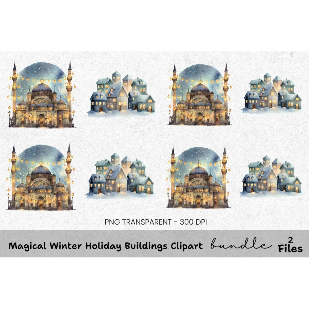 Winter Mosque and Snowy Village Clipart Bundle