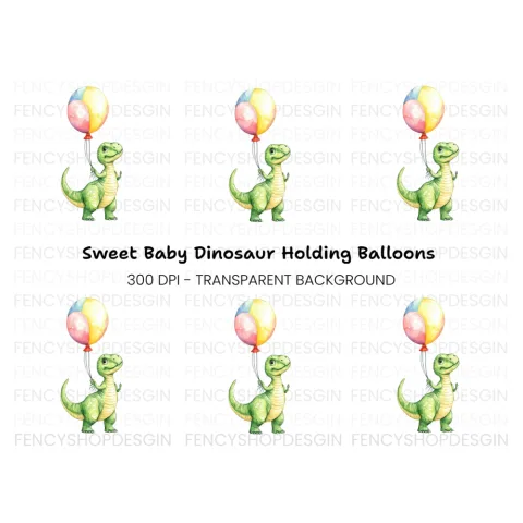 Cute Baby Dinosaur with Balloon Clipart Bundle