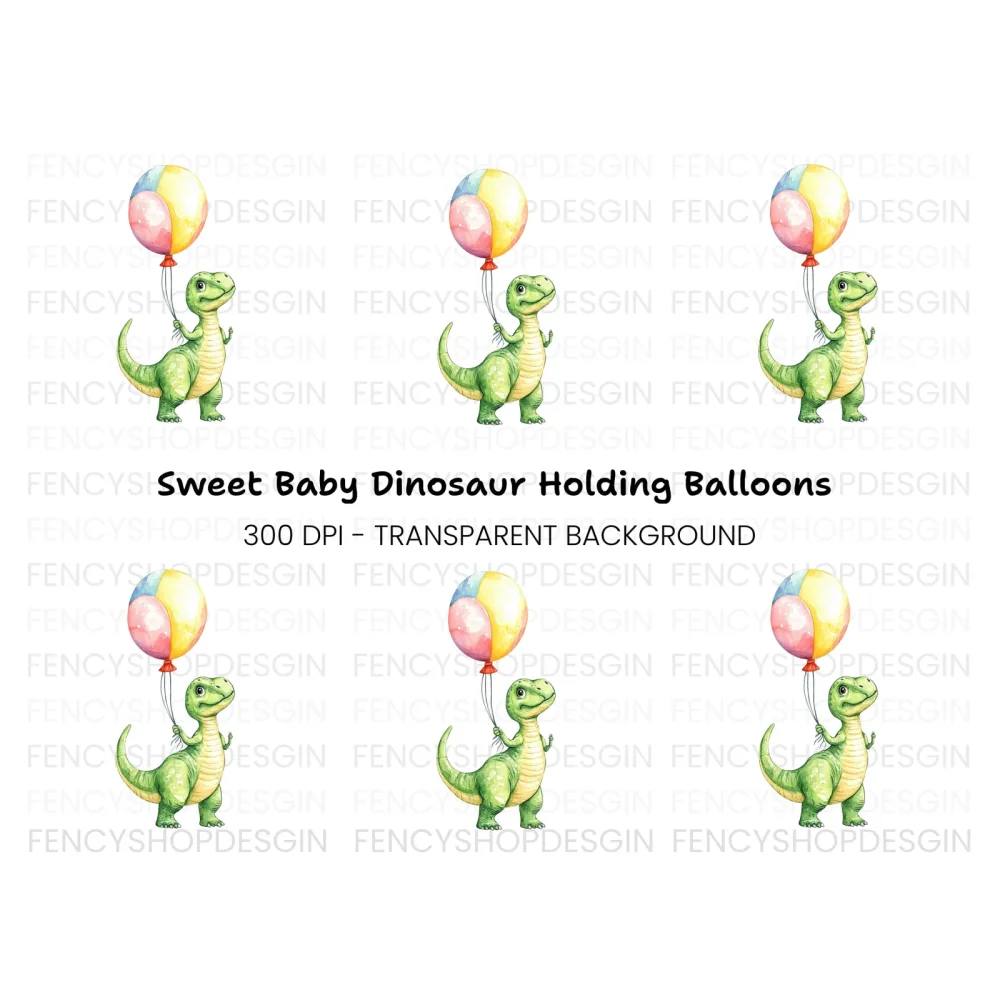 Cute Baby Dinosaur with Balloon Clipart Bundle