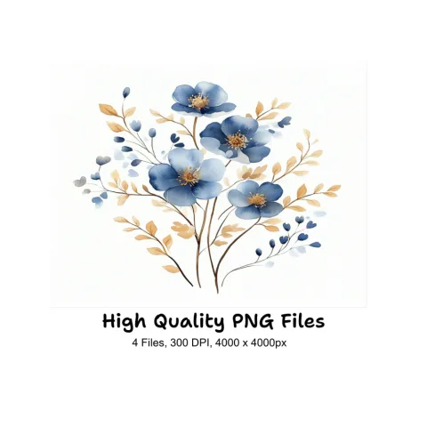 Blue and Gold Floral Clipart Bundle