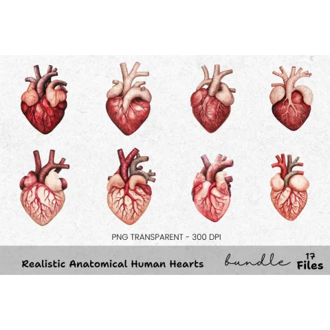 Realistic Anatomical Human Hearts Clipart Bundle