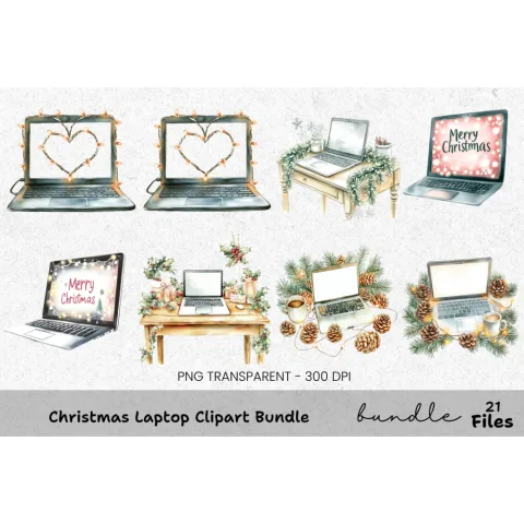 Christmas Laptop Pinecones Clipart Bundle