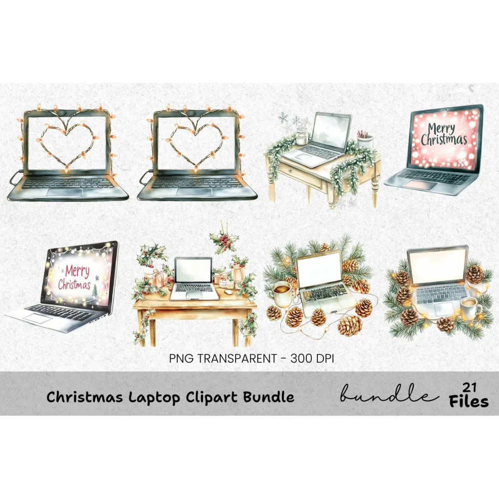 Christmas Laptop Pinecones Clipart Bundle