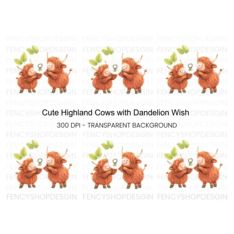 Cute Highland Cows with Dandelion Clipart Bundle