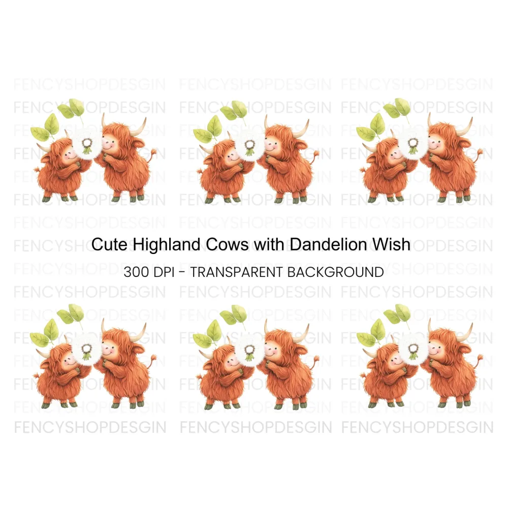 Cute Highland Cows with Dandelion Clipart Bundle
